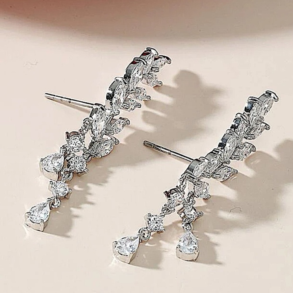 Silver Zircon Leaf Tassel Crystal Rhinestone Ear Climber Earrings - Picture 3 of 5